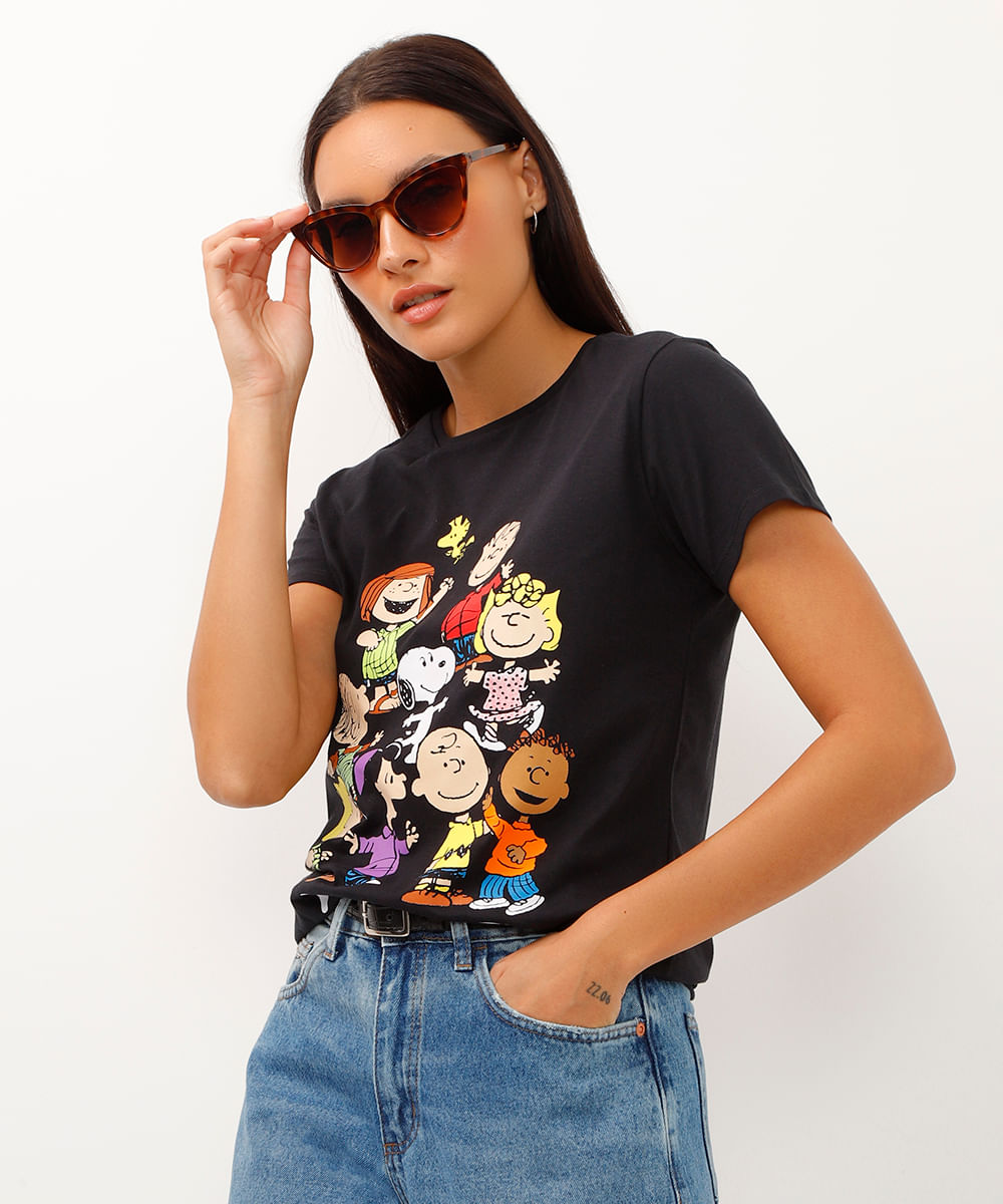 camiseta de algodão manga curta snoopy preta