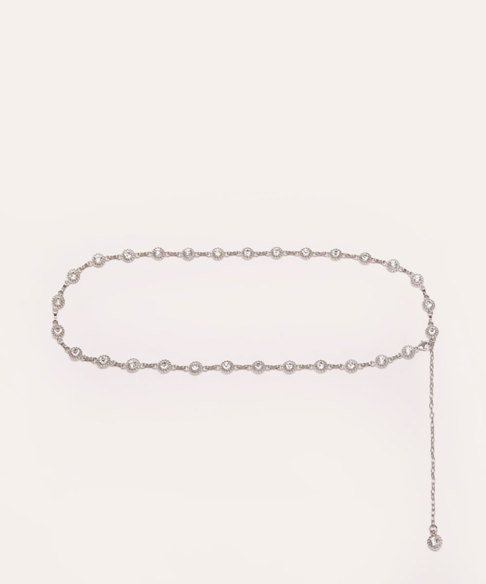 cinto corrente com strass prateado