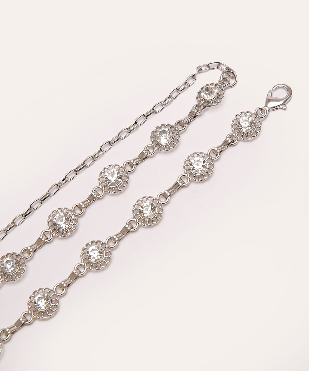 cinto corrente com strass prateado