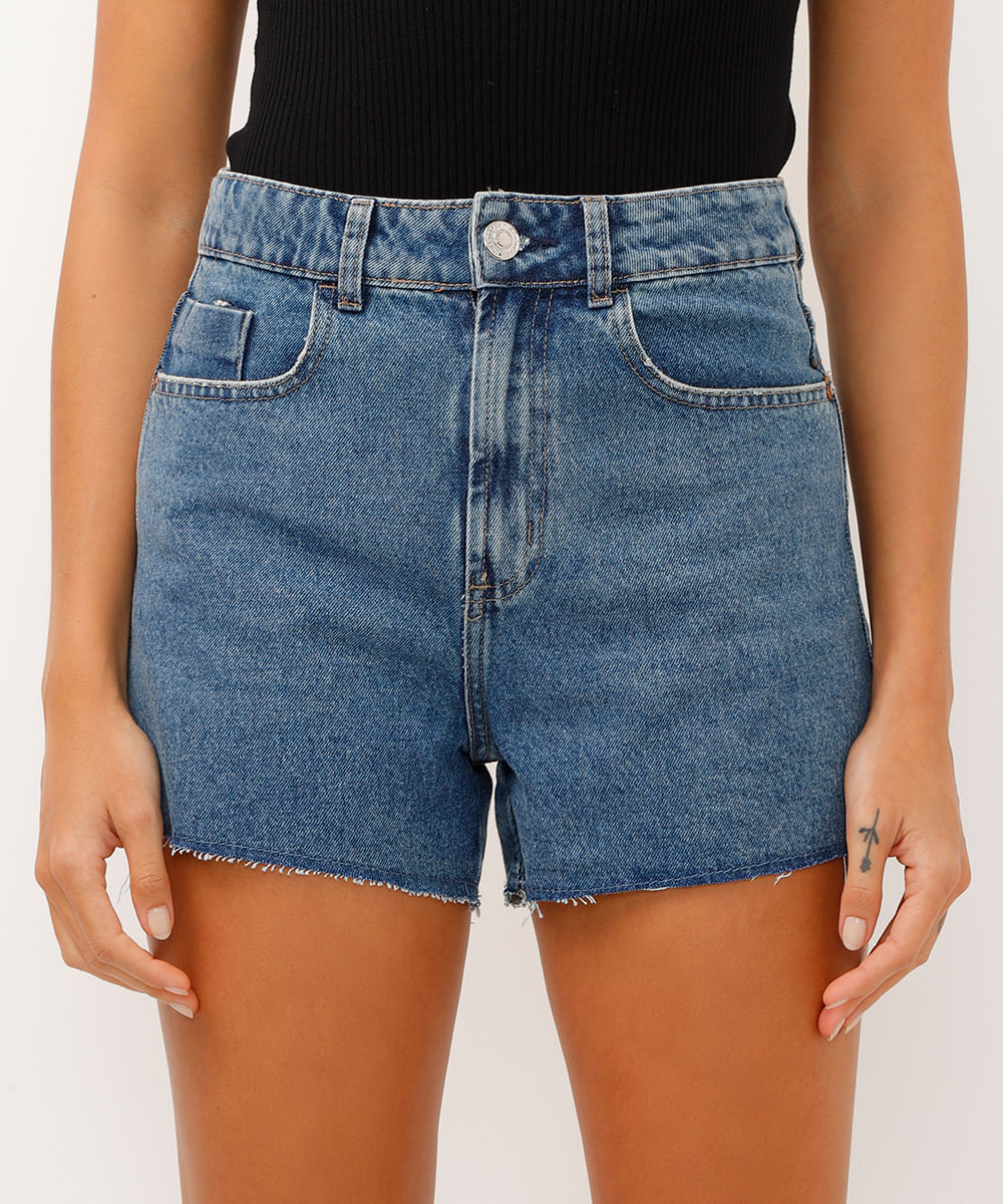 short jeans reto cintura média azul