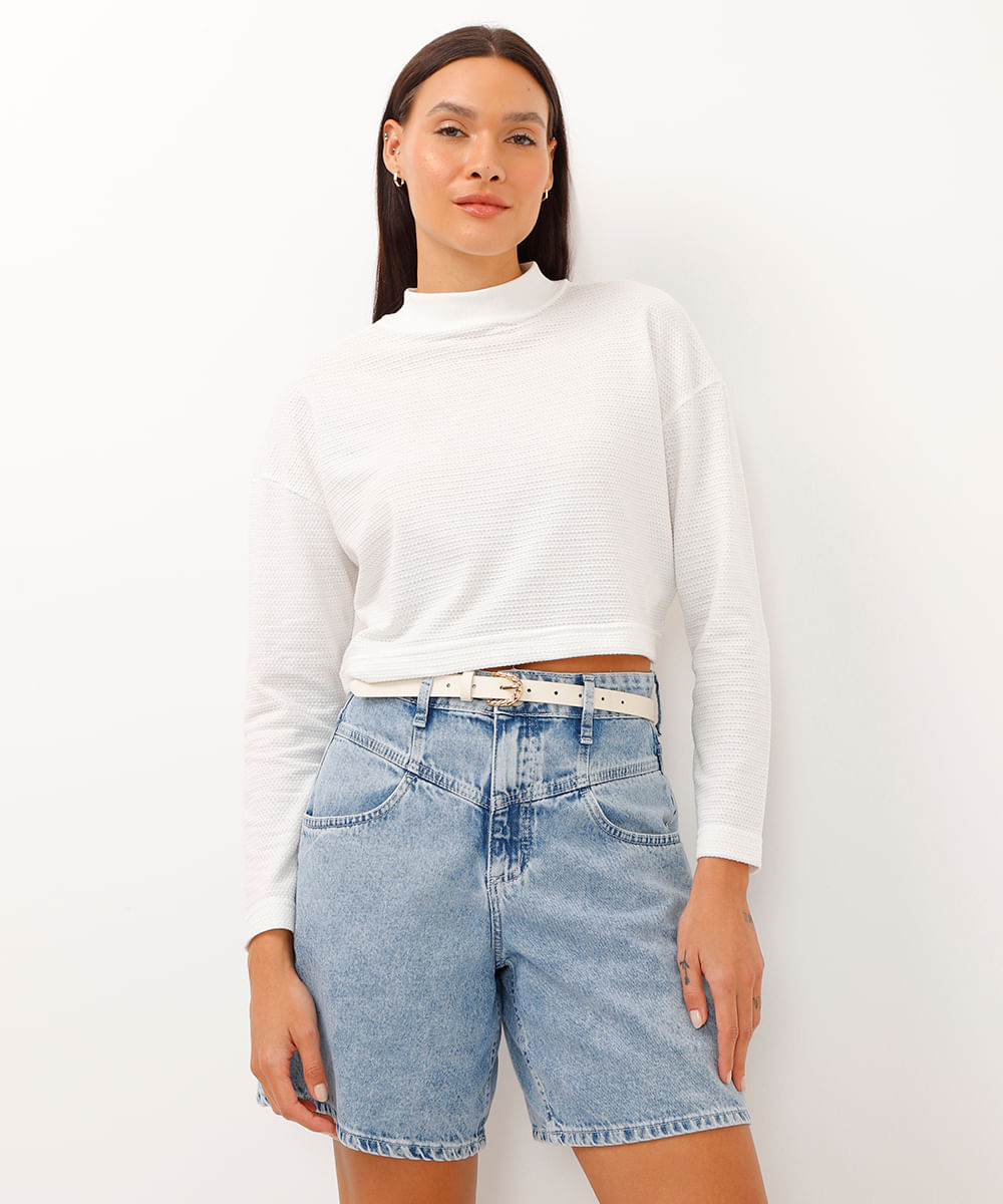 blusa de algodão cropped texturizado off white