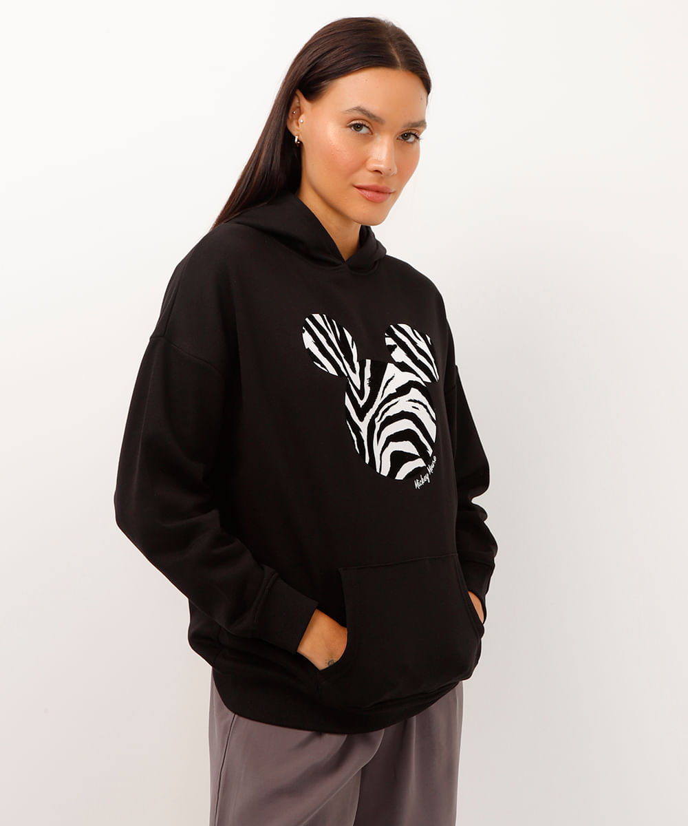 blusão de moletom com capuz e bolso canguru mickey preto