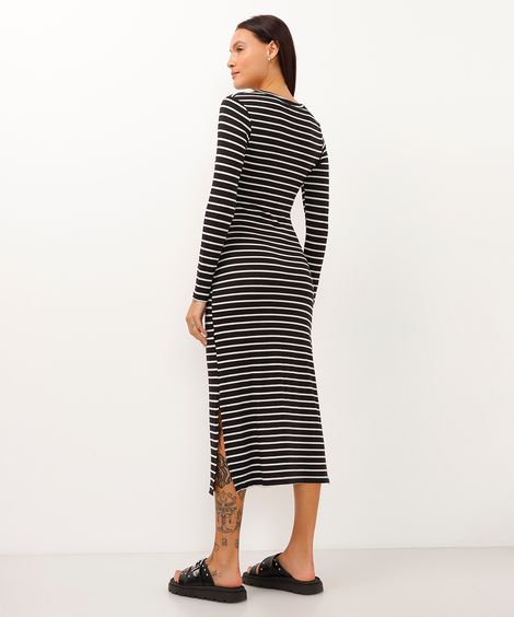 vestido de viscose midi com fenda listrado - preto