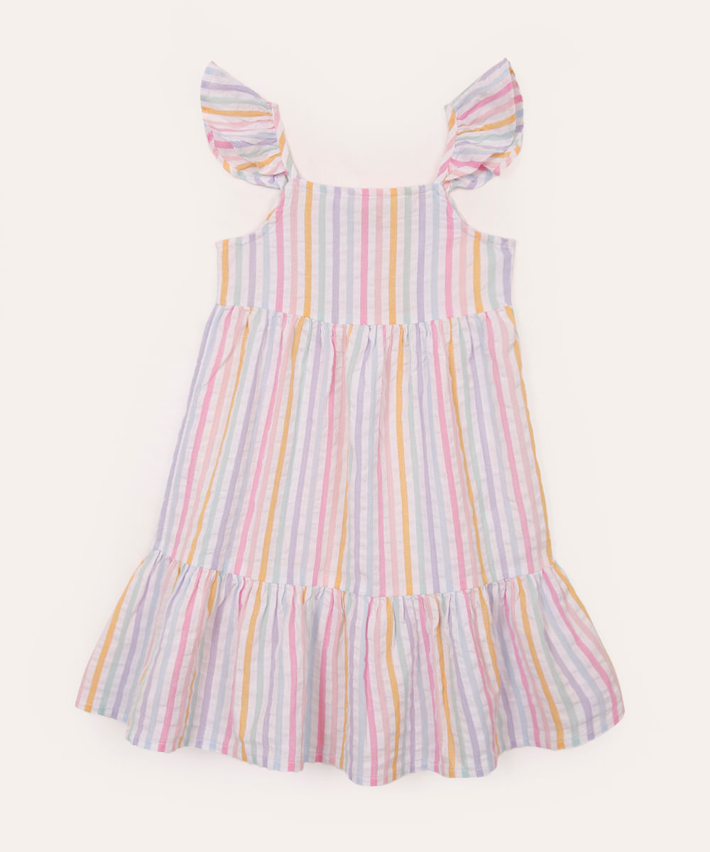vestido infantil listrado alça babado colorido