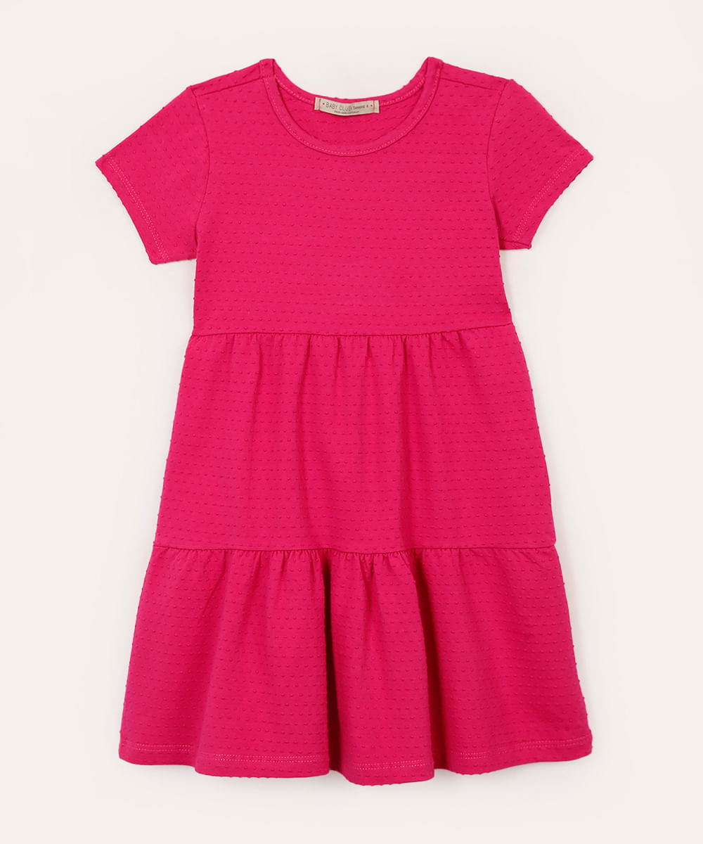 vestido de algodão infantil texturizado em poá rosa