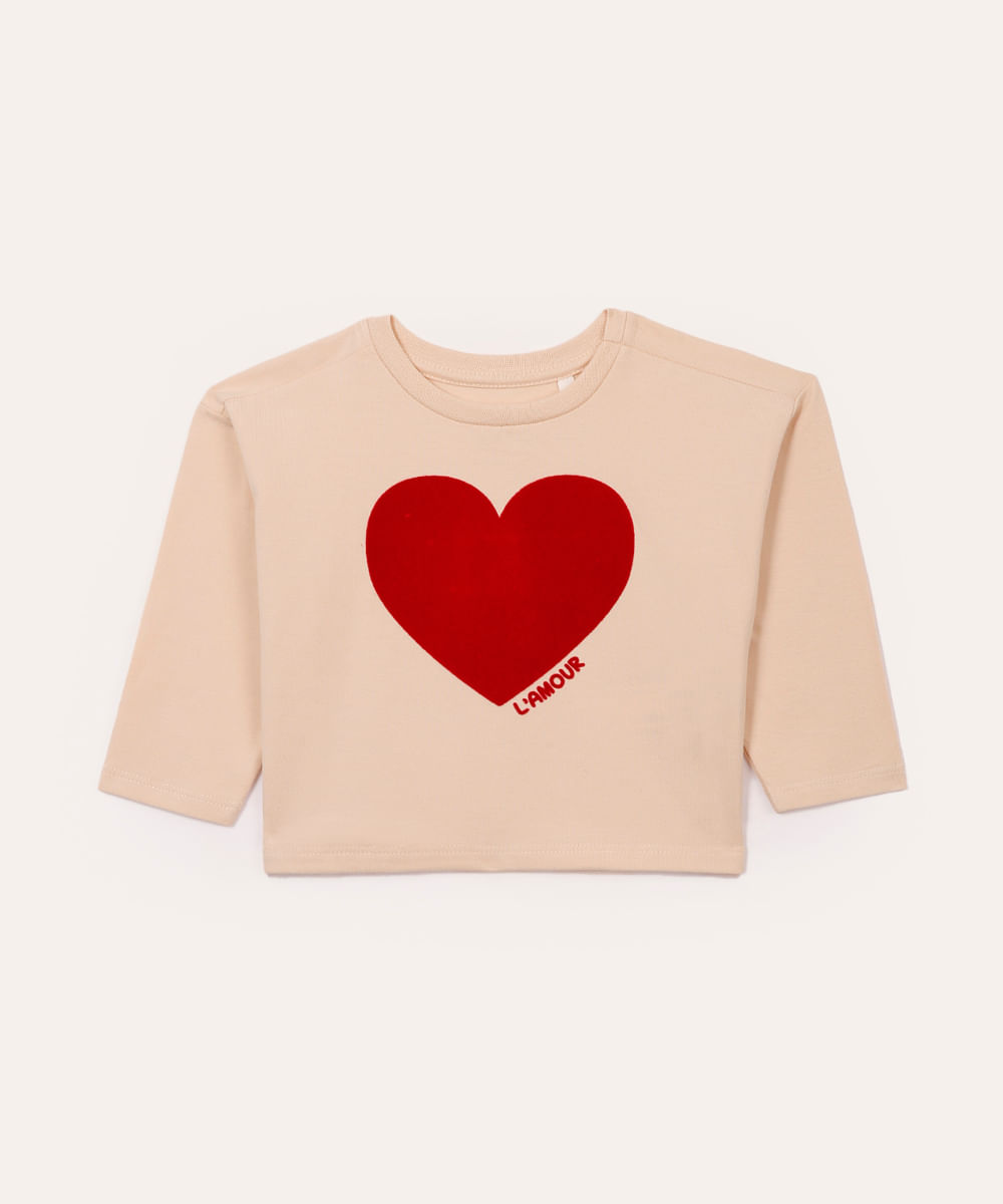 blusa de algodão manga longa infantil coração bege