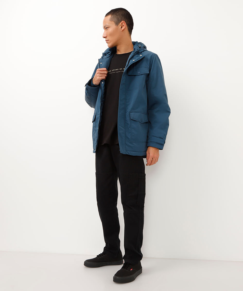 calça de sarja reta cargo preta