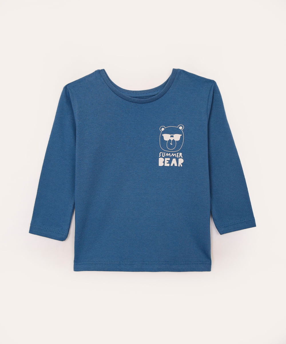 camiseta de algodão infantil urso summer bear azul