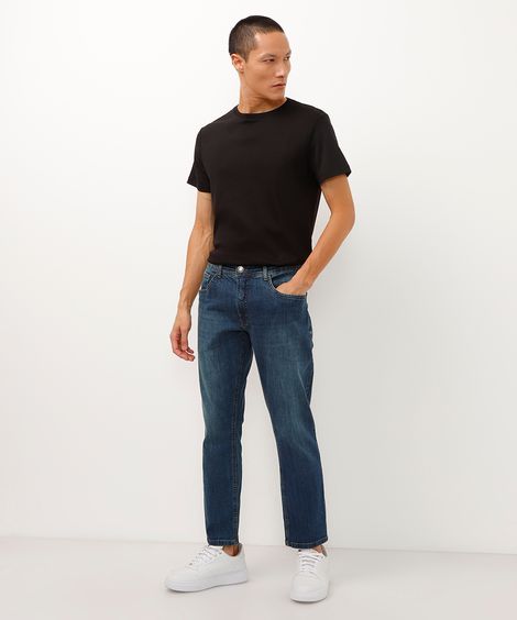 calça jeans slim cropped com bolsos azul