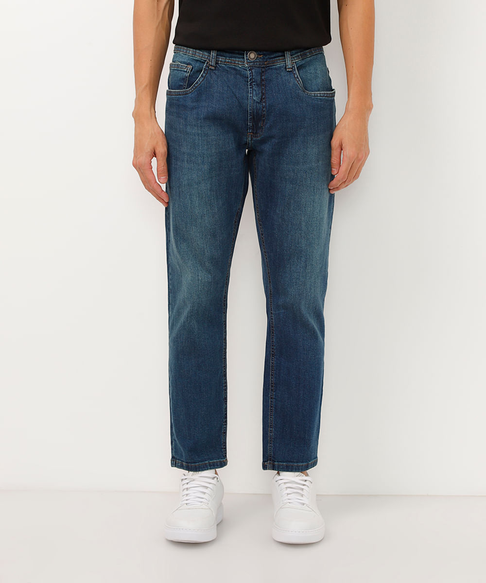 calça jeans slim cropped com bolsos azul