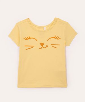 blusa de algodão infantil gatinha com brilho amarelo