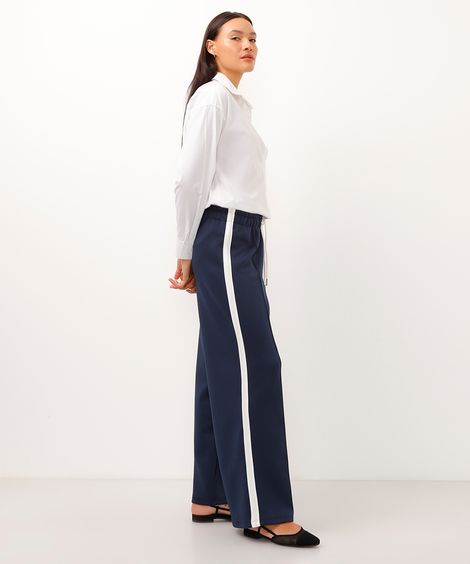 calça wide leg cós com elástico bicolor - azul marinho
