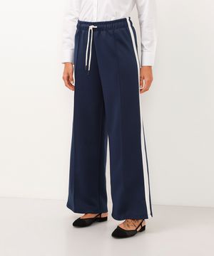 calça wide leg cós com elástico bicolor azul marinho