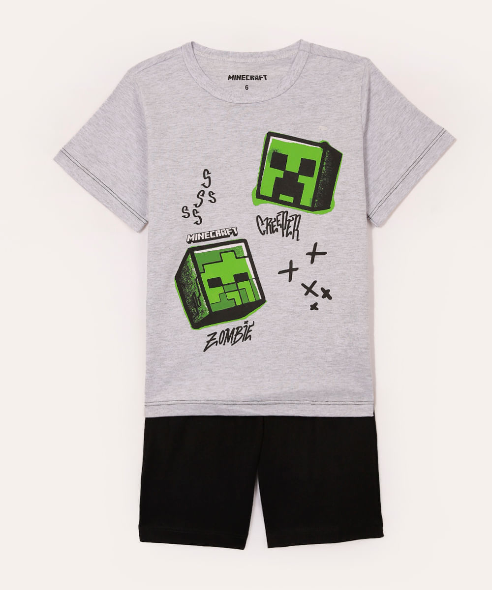 pijama de algodão curto minecraft cinza