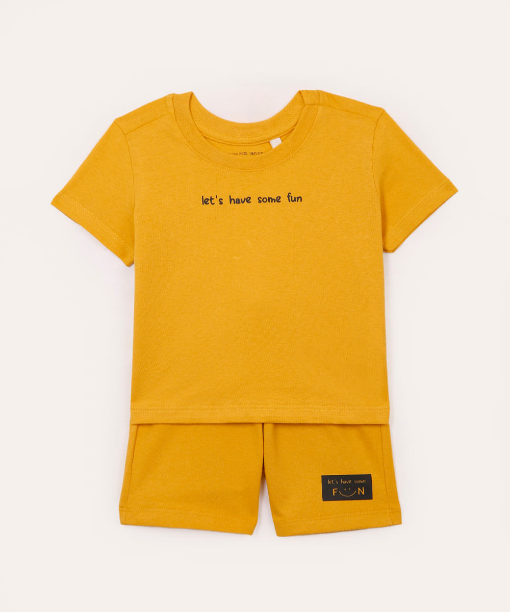 conjunto infantil de algodão manga curta fun amarelo