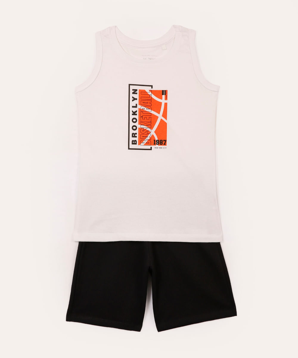 conjunto infantil de algodão regata basketball branco