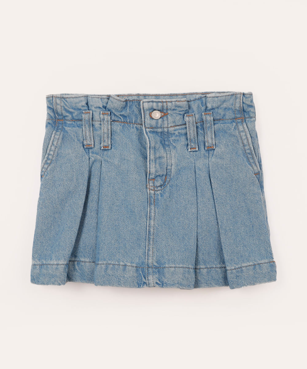 saia jeans infantil com pregas azul