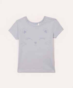 blusa de algodão infantil gatinha com brilho manga curta azul