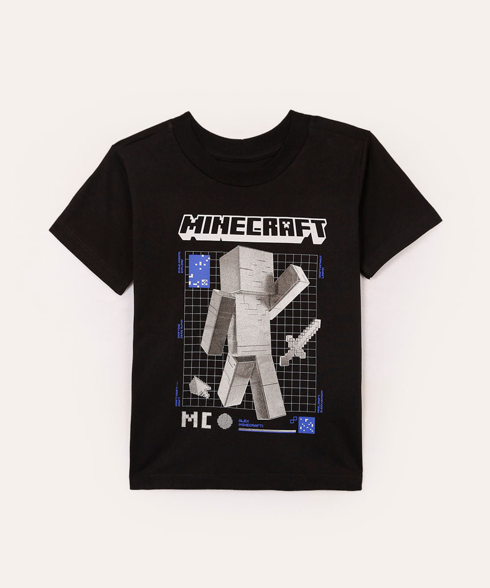 camiseta de algodão infantil minecraft preto