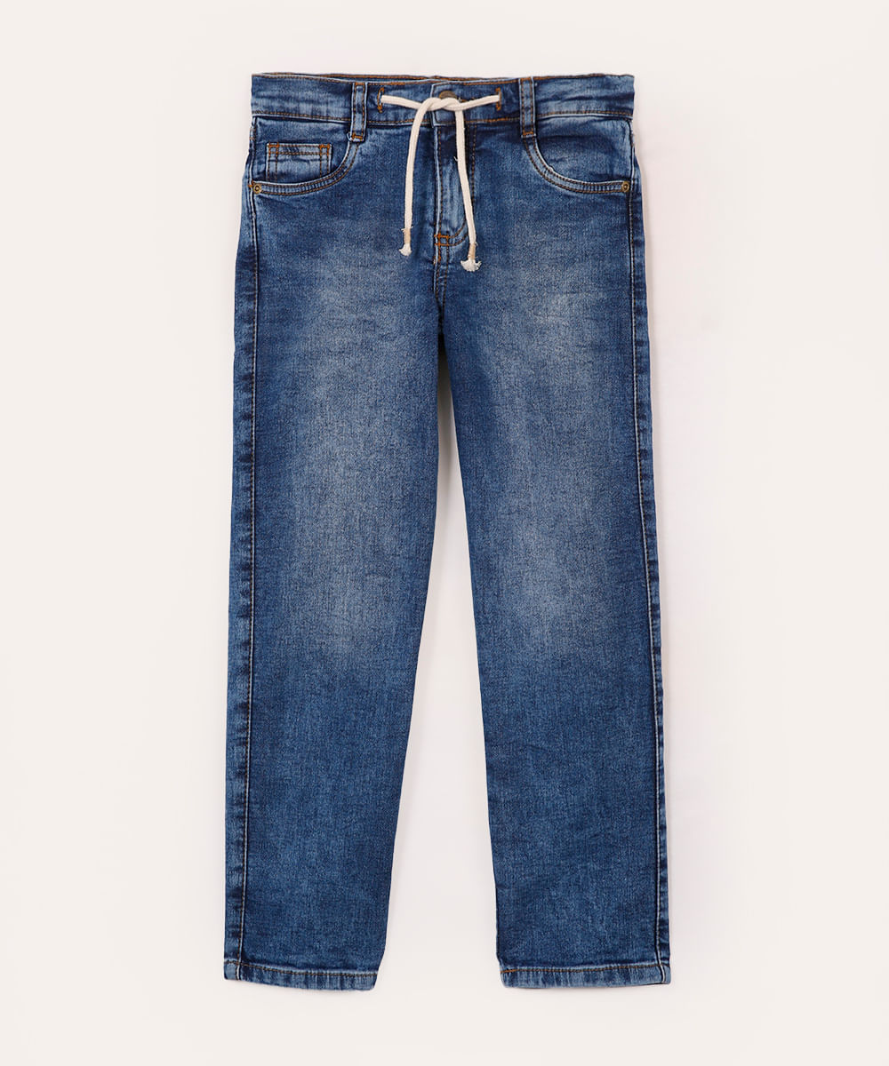 calça jeans slim infantil com cordão azul