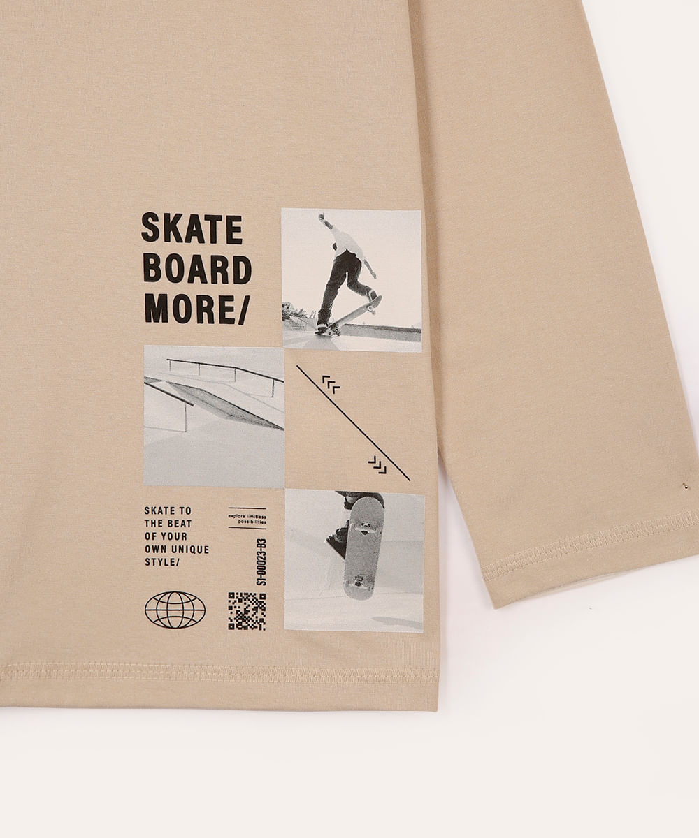 camiseta de algodão infantil skate manga longa bege