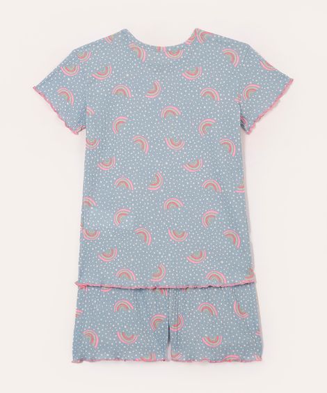 pijama infantil canelado poá e arco íris manga curta azul