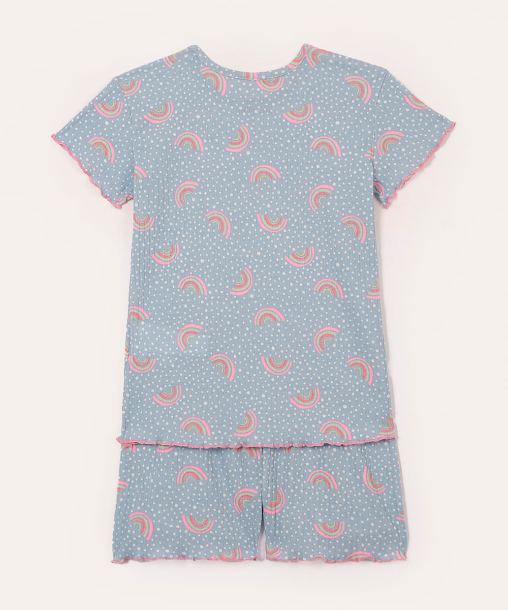 pijama infantil canelado poá e arco íris manga curta azul