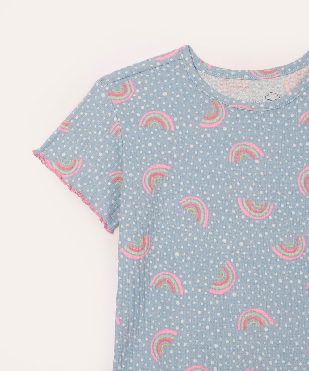 pijama infantil canelado poá e arco íris manga curta azul