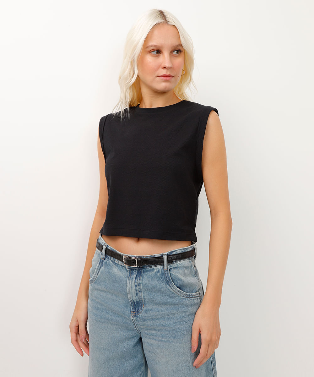 blusa cropped alça cavada texturizada preta