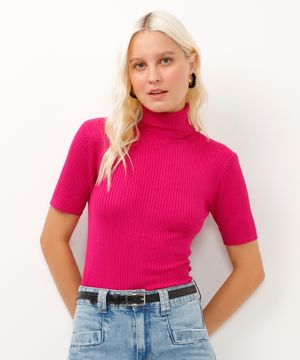 blusa de tricot gola alta manga curta roxa