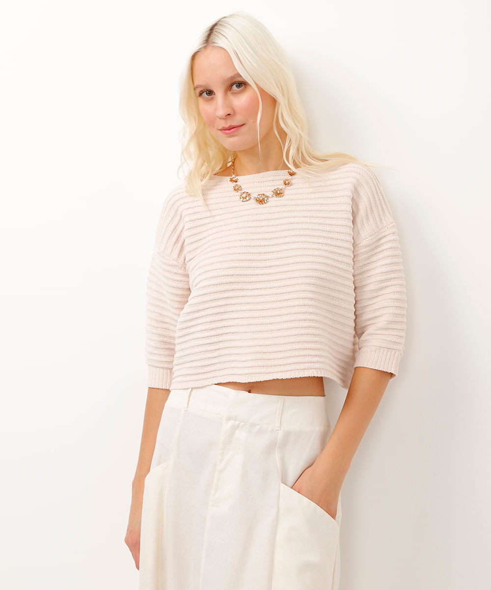 blusa cropped de tricô manga curta bege