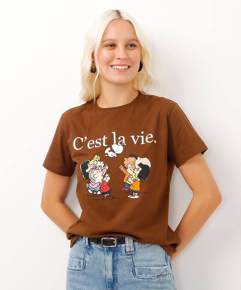 camiseta de algodão manga curta snoopy marrom