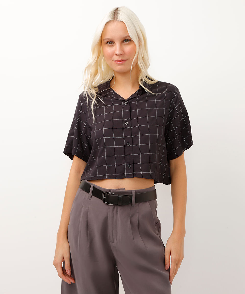 camisa cropped xadrez com brilhos preta
