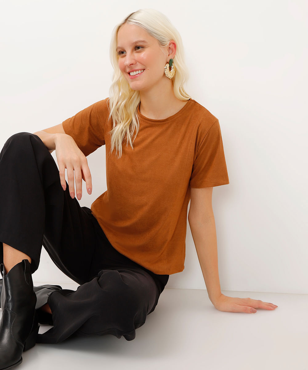 blusa de suede manga curta marrom