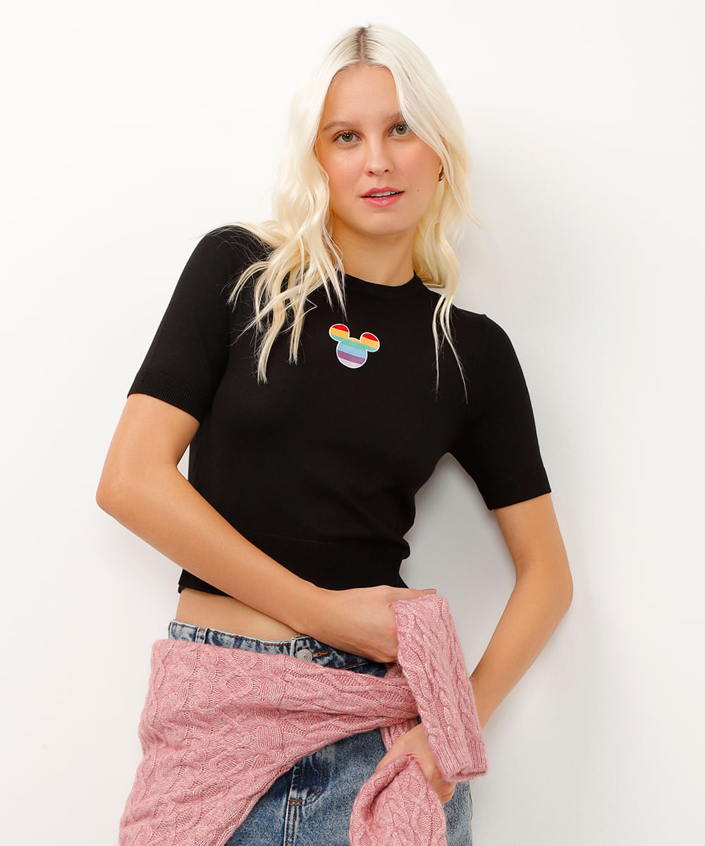 blusa de tricot cropped mickey preta
