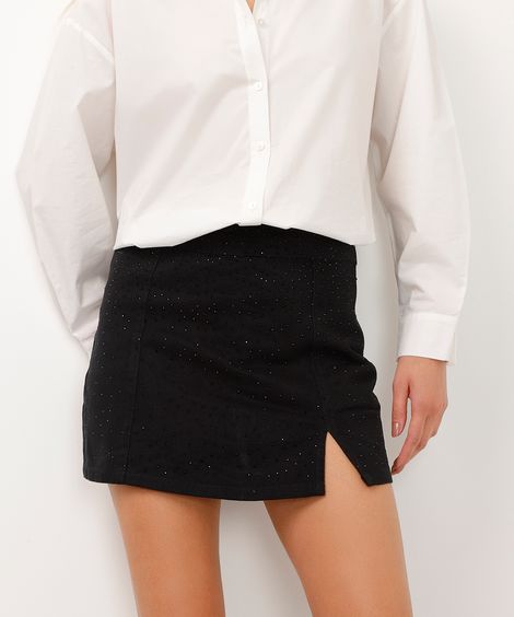 short saia de sarja cintura super alta com fenda e brilho preto