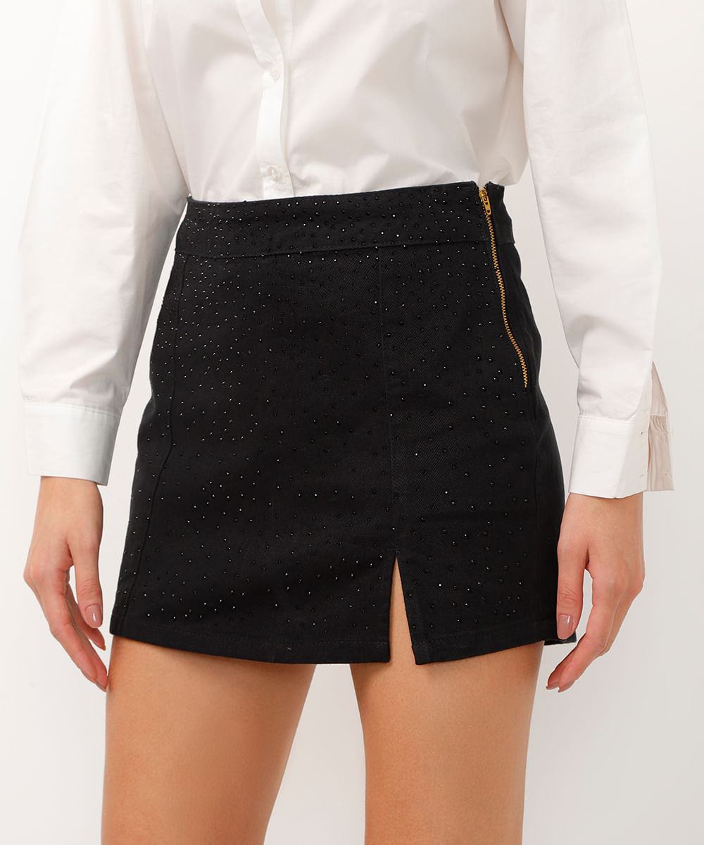 short saia de sarja cintura super alta com fenda e brilho preto