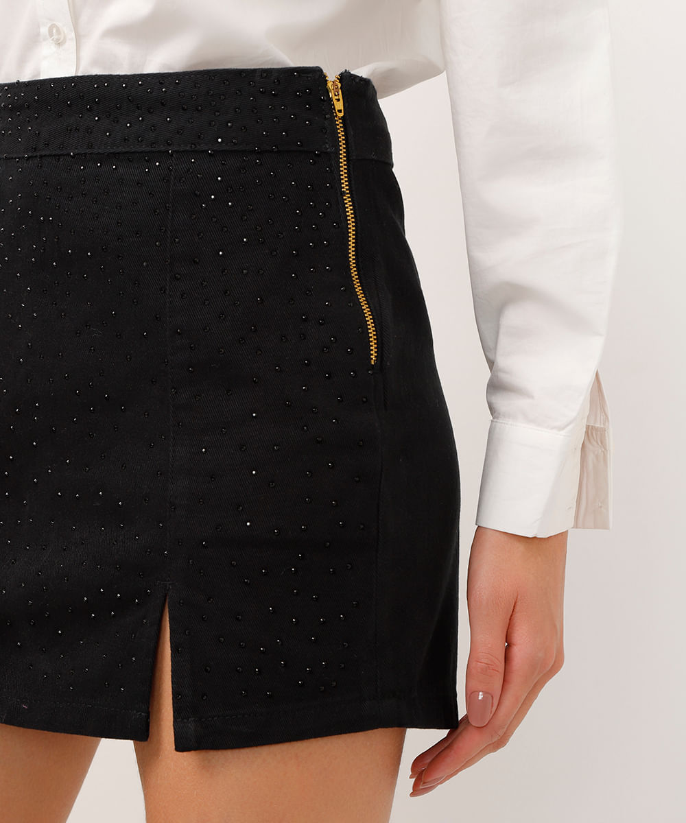 short saia de sarja cintura super alta com fenda e brilho preto