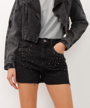 short jeans cintura super alta com tachas e brilhos preto