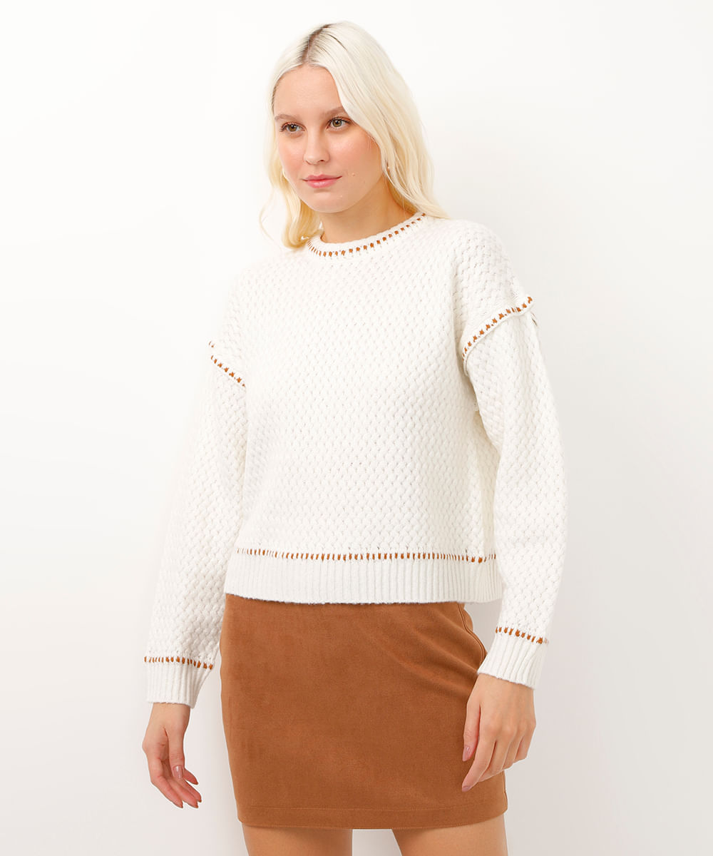 suéter de tricot texturizado bicolor off white