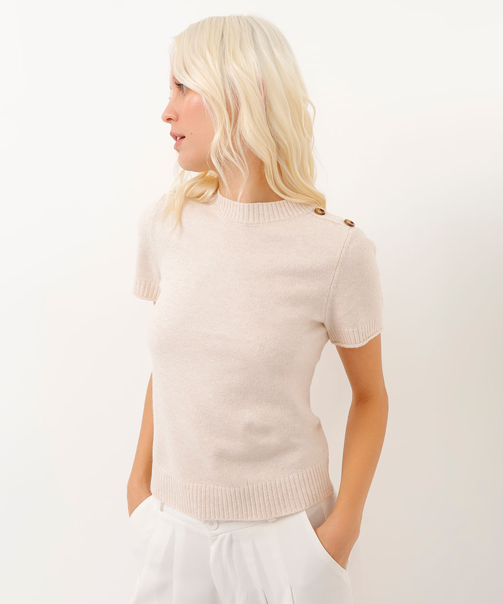 blusa de tricot manga curta com botões bege