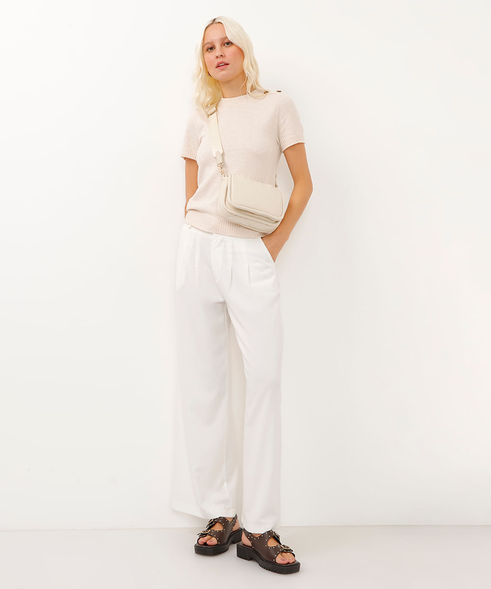 blusa de tricot manga curta com botões bege