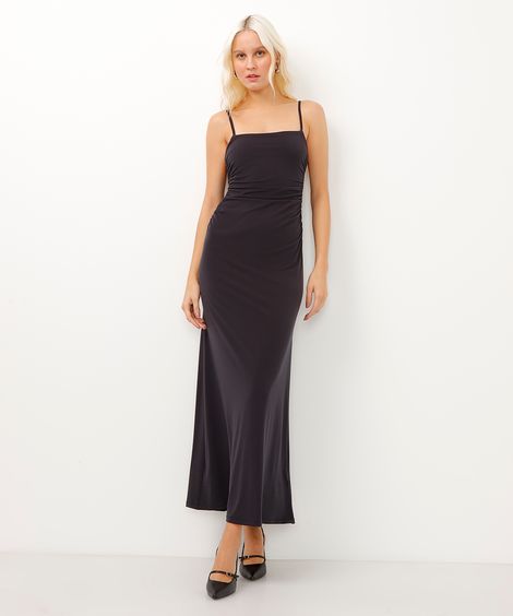 vestido longo alça fina com franzidos preto