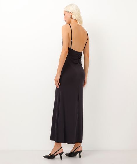 vestido longo alça fina com franzidos preto