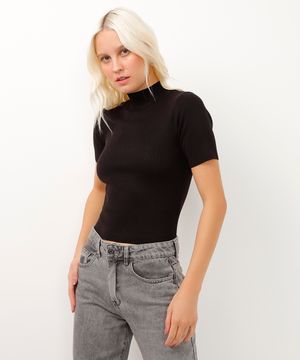 blusa de tricot gola alta canelada preta