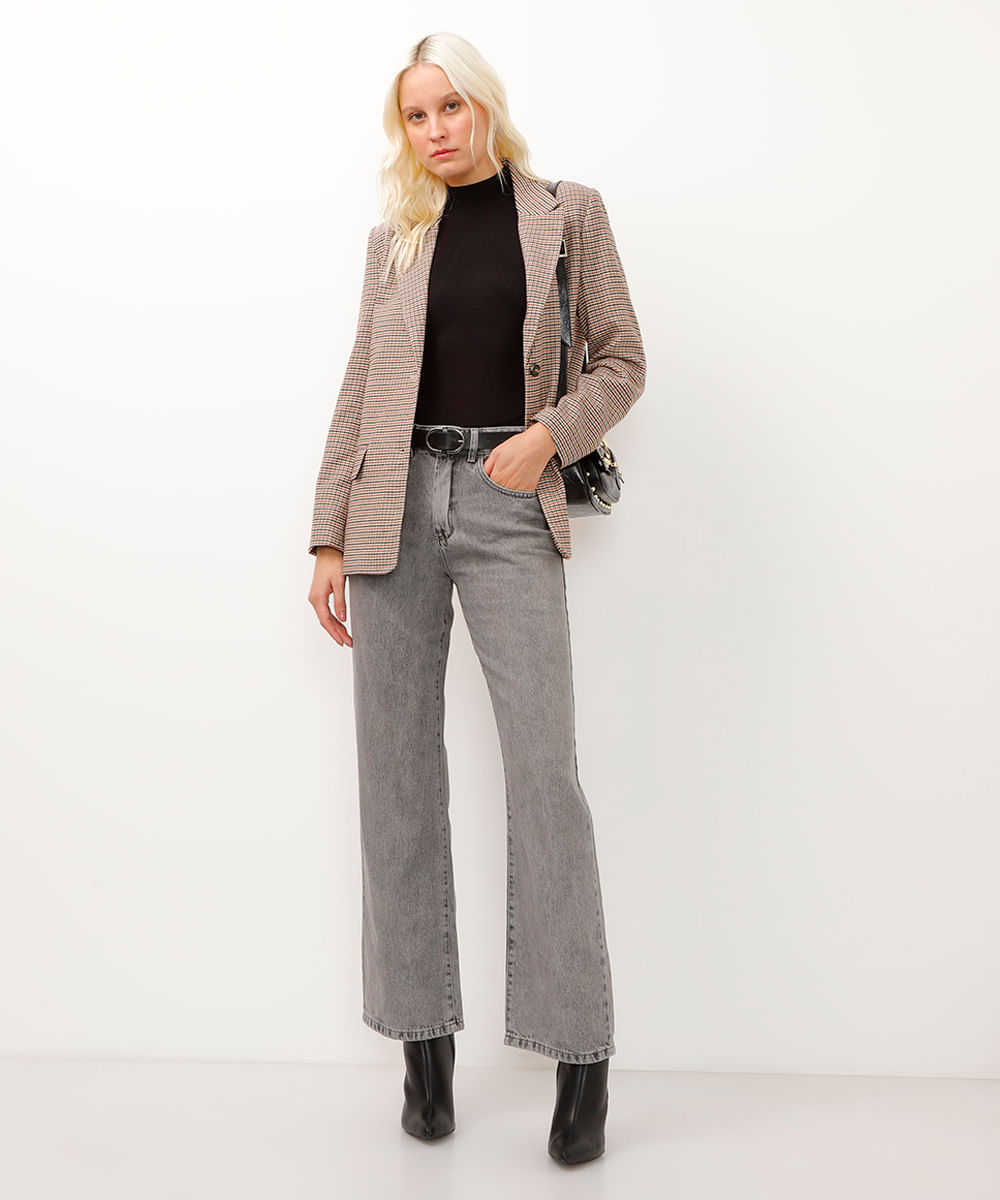 calça jeans wide leg slim cintura alta cinza