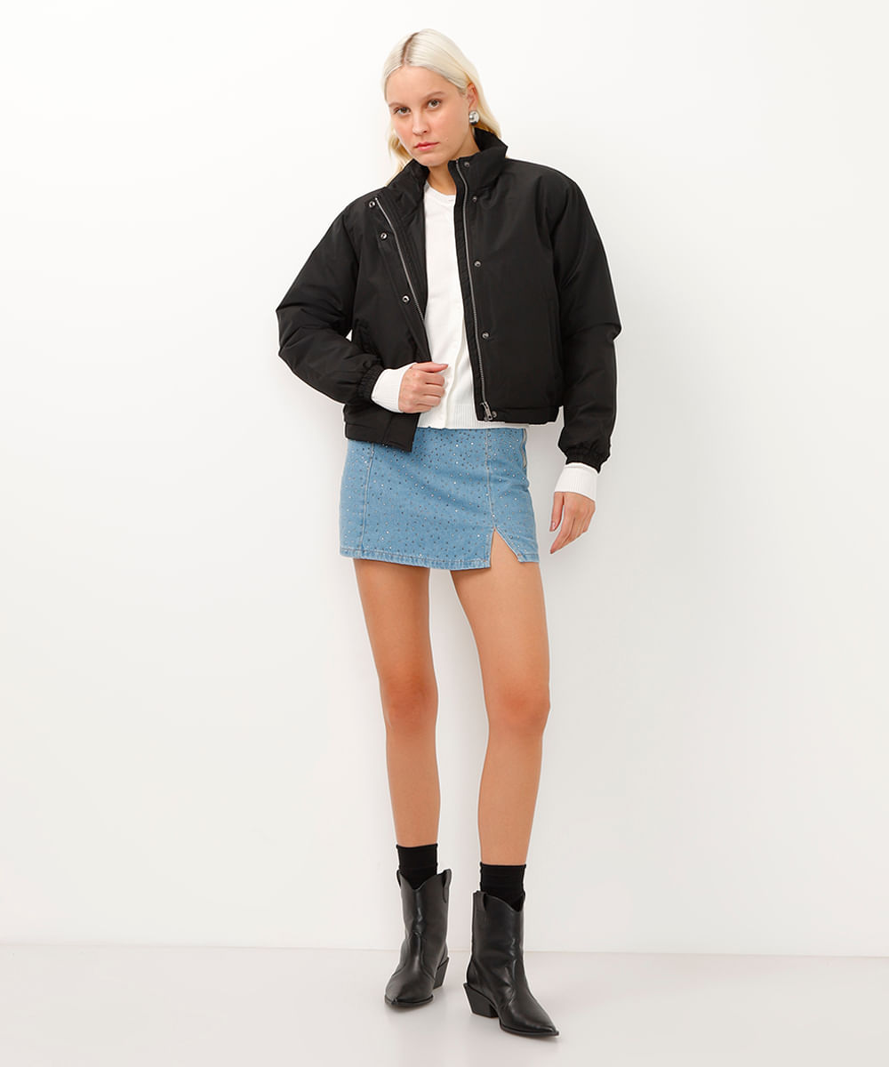 short saia jeans cintura super alta com brilhos azul