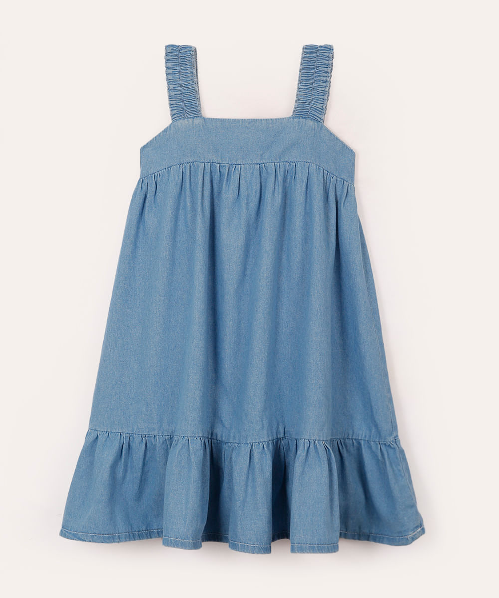 vestido jeans infantil com babado azul