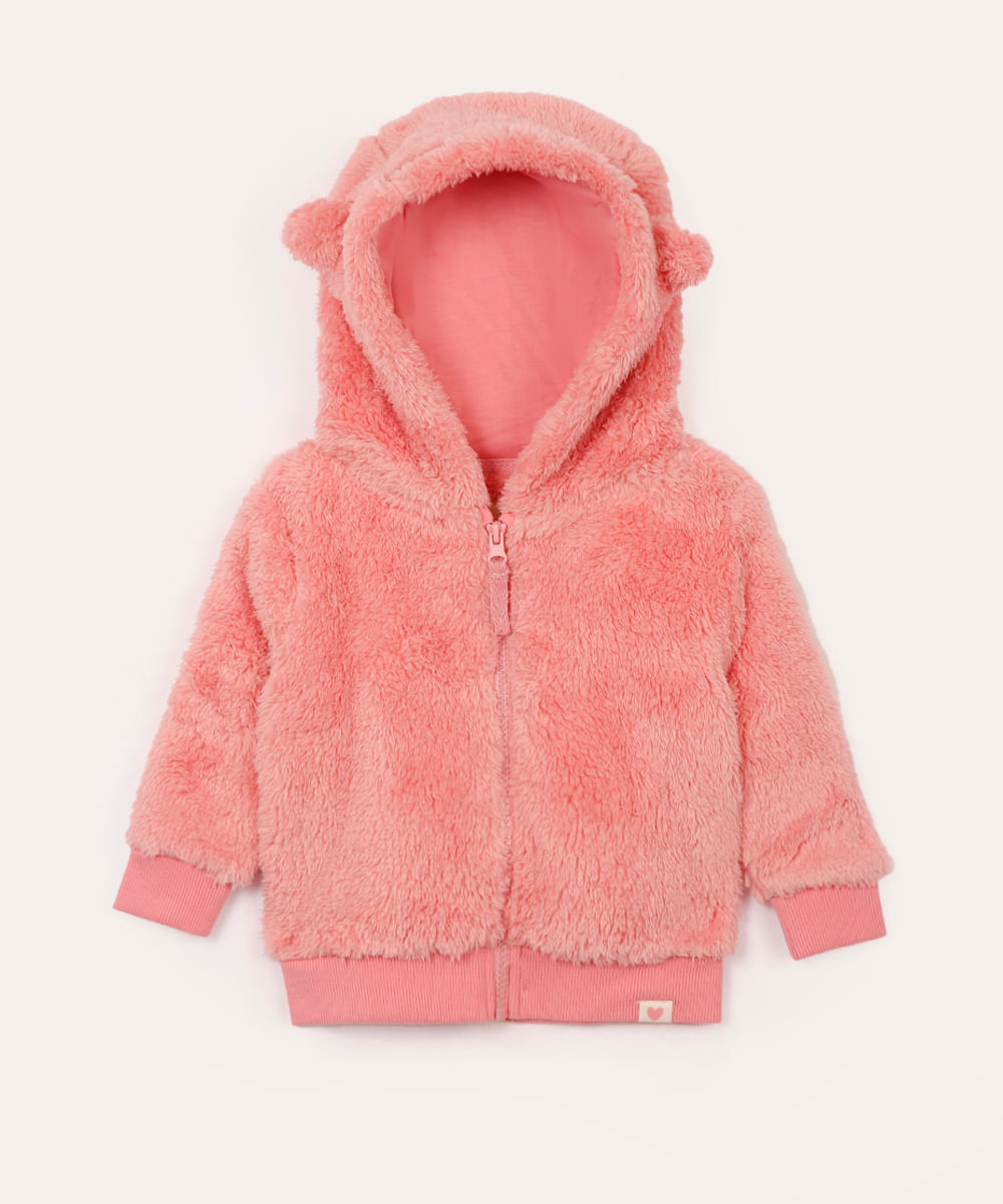 jaqueta de pelúcia infantil com capuz orelhinhas rosa