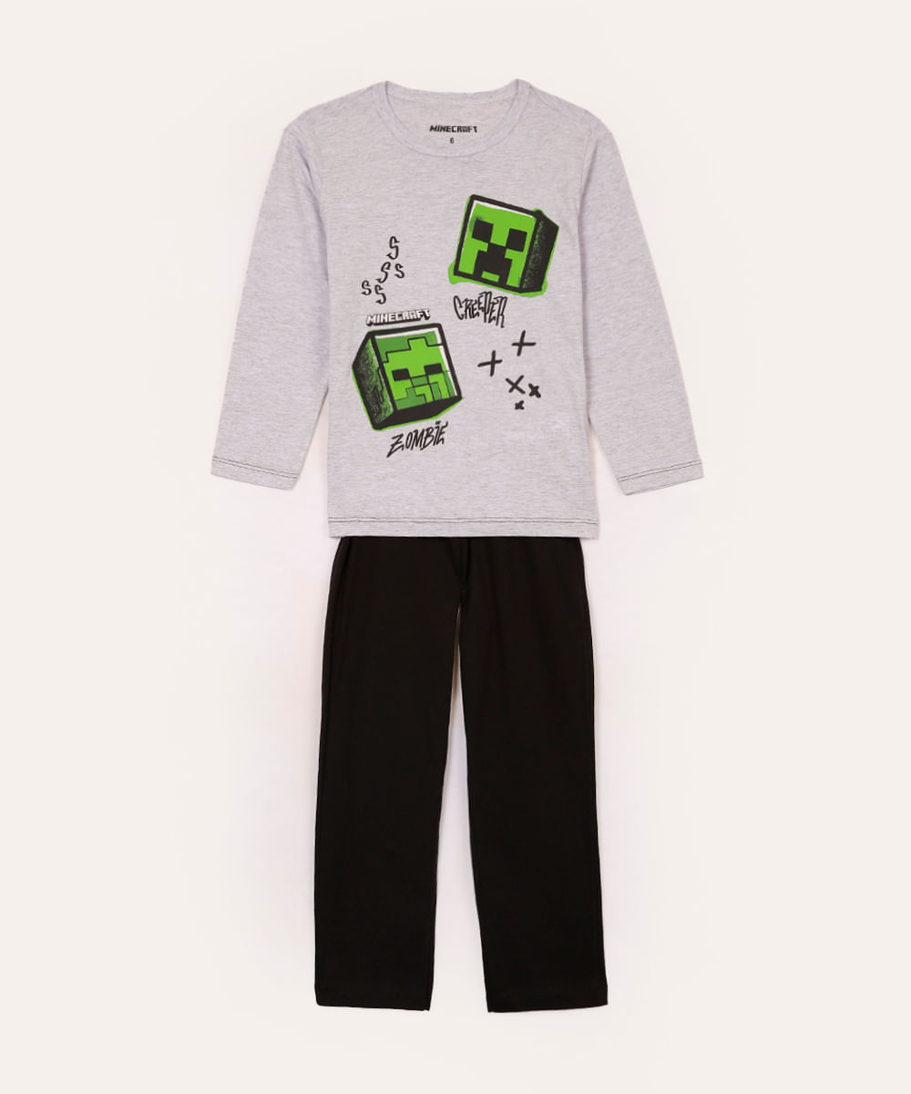 pijama infantil longo minecraft cinza